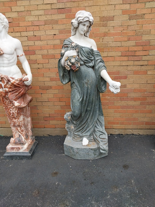 MARBLE WOMAN STATUE WITH GREEN DRESS AS FOUND