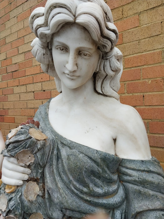 MARBLE WOMAN STATUE WITH GREEN DRESS AS FOUND