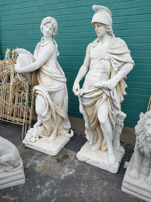 PAIR OF CONCRETE ROMAN SOLDIER STATUES-MAN AND WOMAN