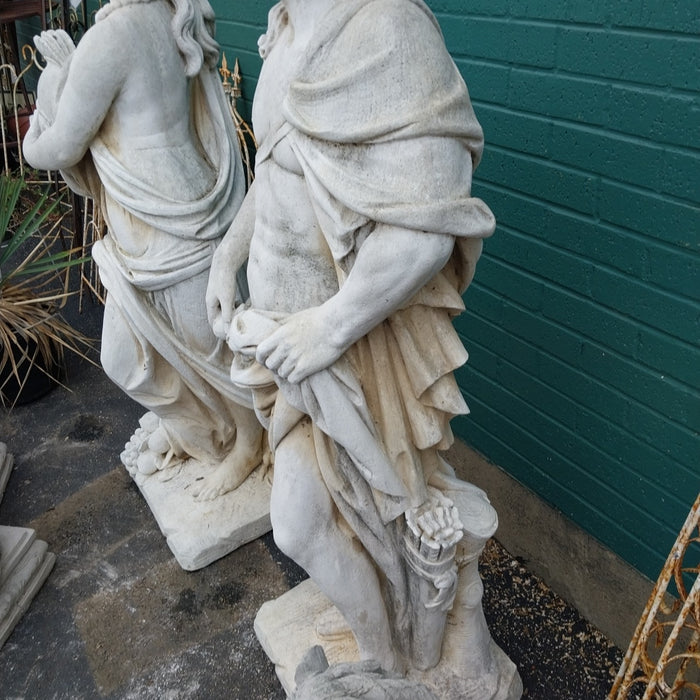 PAIR OF CONCRETE ROMAN SOLDIER STATUES-MAN AND WOMAN