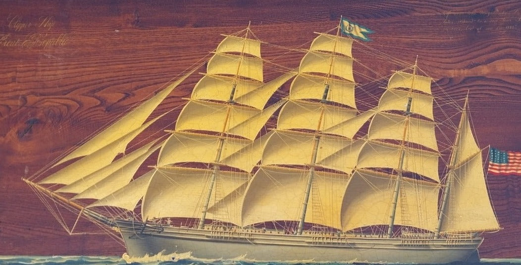 EARLY OIL PAINTING OF A CLIPPER SHIP ON BOARD