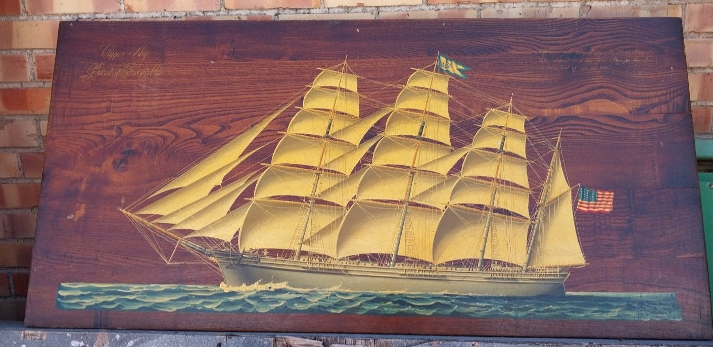 EARLY OIL PAINTING OF A CLIPPER SHIP ON BOARD