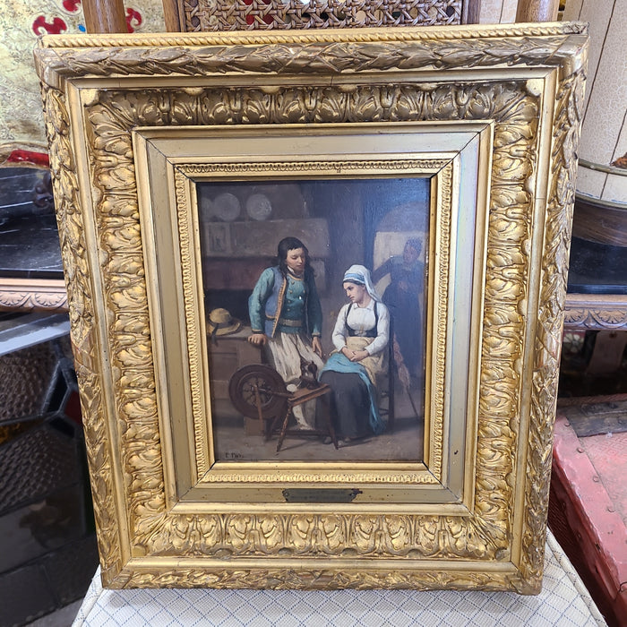 GILT FRAMED SMALL OIL PAINTING OF YOUNG MAN AND WOMAN ON CANVAS