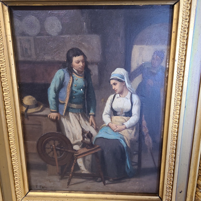 GILT FRAMED SMALL OIL PAINTING OF YOUNG MAN AND WOMAN ON CANVAS