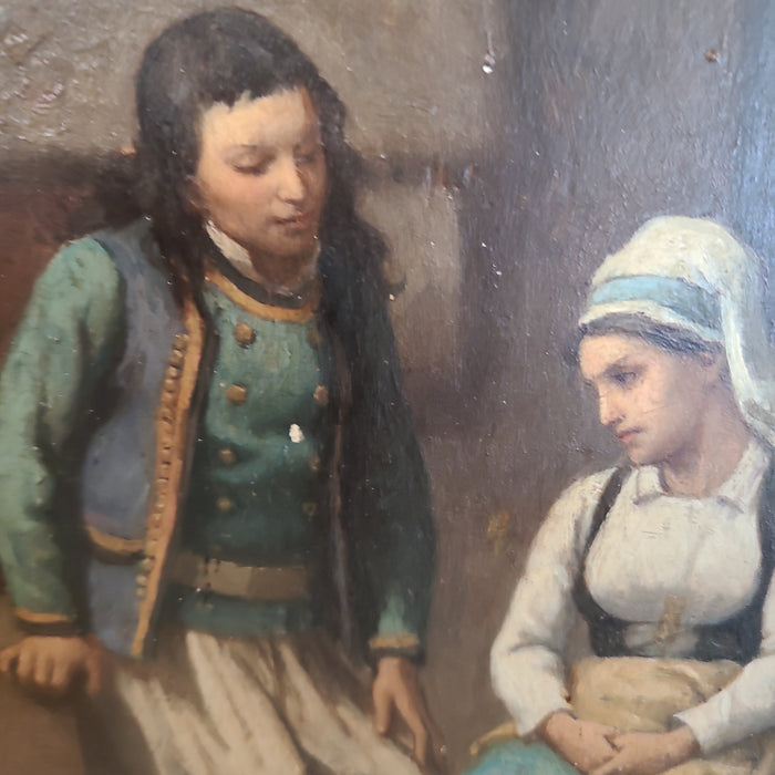 GILT FRAMED SMALL OIL PAINTING OF YOUNG MAN AND WOMAN ON CANVAS