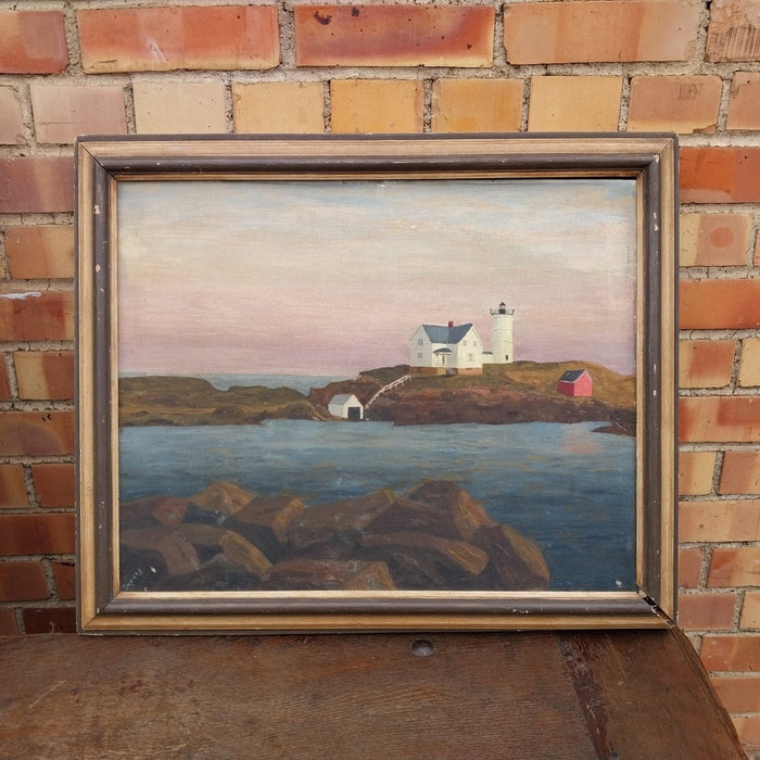 PRIMITIVE OIL PAINTING OF A LIGHTHOUSE