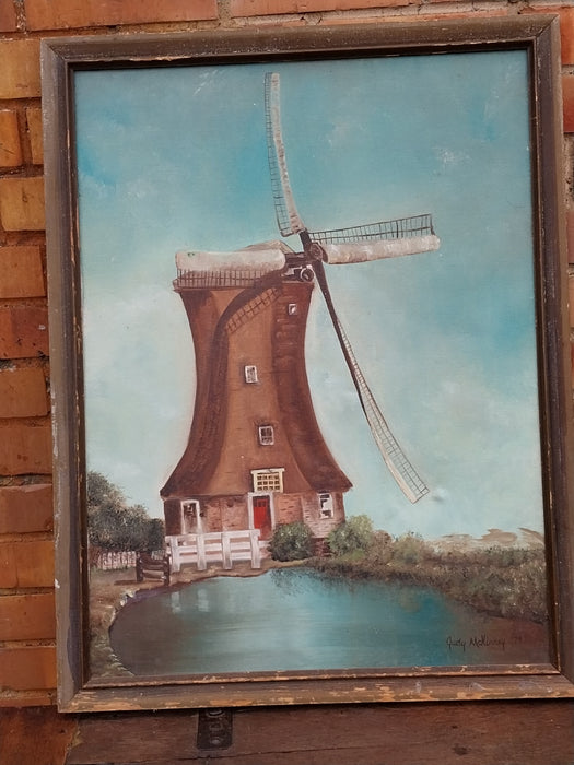 WHIMSICAL OIL PAINTING OF A WINDMILL
