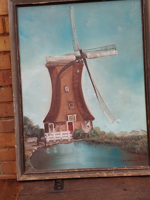 WHIMSICAL OIL PAINTING OF A WINDMILL