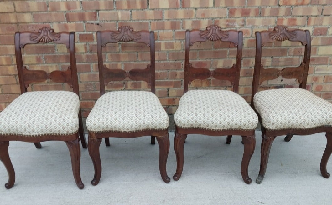SET OF 4 EARLY MAHOGANY CARVED LADDER BACK CHAIRS