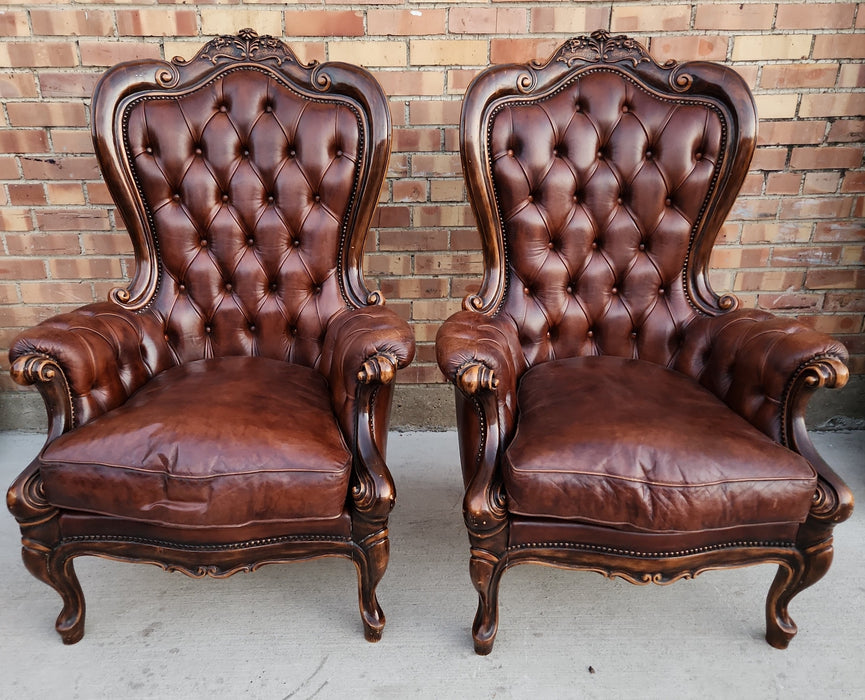 PAIR OF TUFTED LEATHER ROCOCO ARM CHAIRS