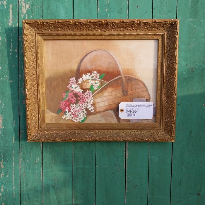 SQUARE ANTIQUE FRAMED PICTURE WITH PINK AND WHITE FLOWERS
