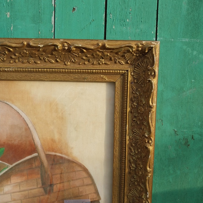 SQUARE ANTIQUE FRAMED PICTURE WITH PINK AND WHITE FLOWERS