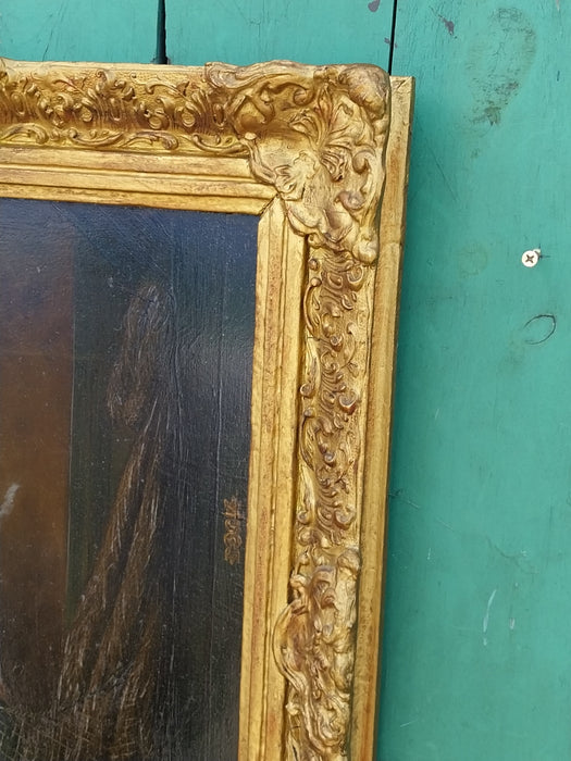 19TH CENTURY GILT FRAMED OIL PAINTING OF INTERIOR WITH DUTCHMAN