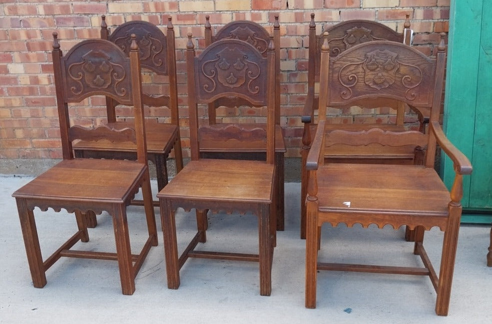 SET OF 6 ARCHED BACK SHELL CARVED OAK CHAIRS