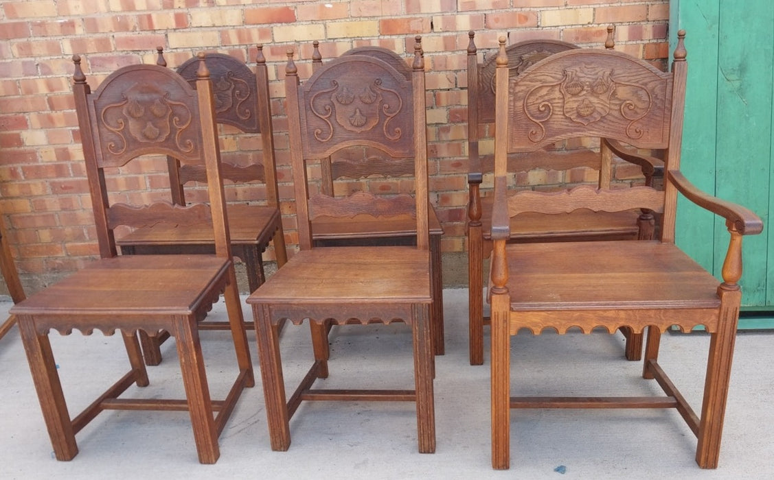 SET OF 6 ARCHED BACK SHELL CARVED OAK CHAIRS