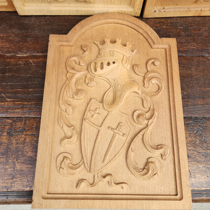 HERALDIC KNIGHT AND SHIELD CARVED OAK PANEL