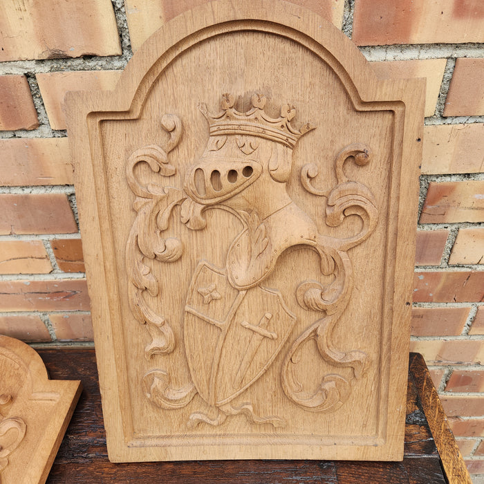 HERALDIC KNIGHT AND SHIELD CARVED OAK PANEL