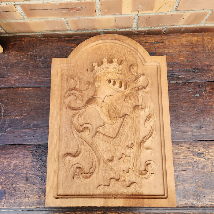 HERALDIC KNIGHT AND SHIELD CARVED OAK PANEL