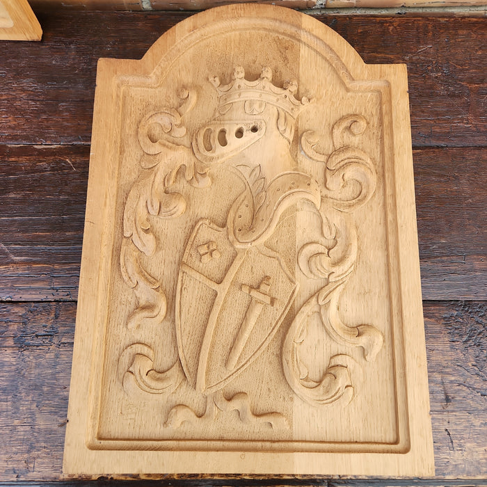 HERALDIC KNIGHT AND SHIELD CARVED OAK PANEL