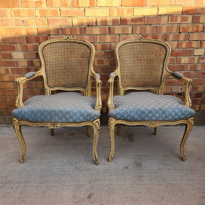 PAIR OF LOUIS XV CANED BACK PAINTED FAUTEUIL CHAIRS