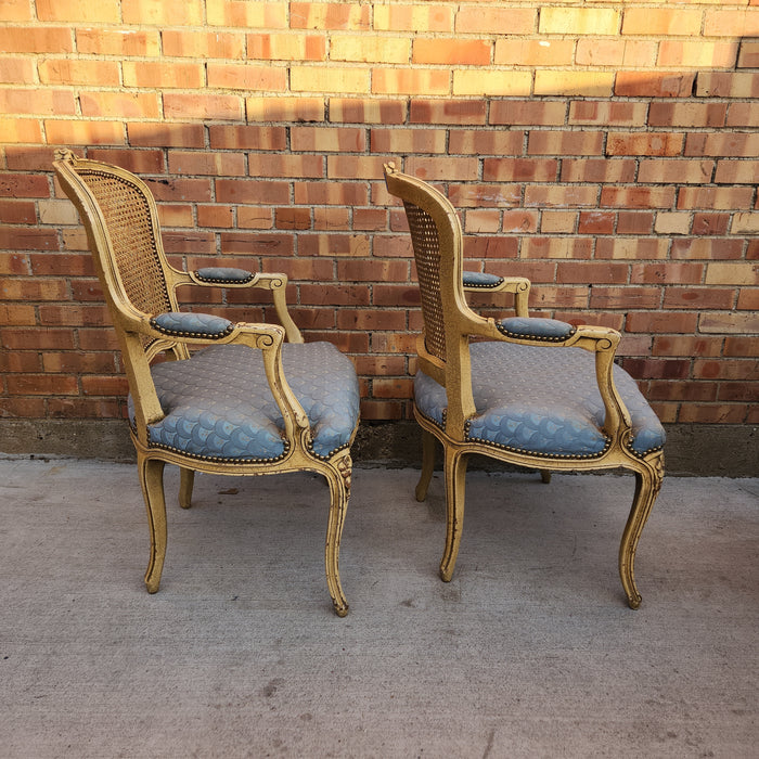 PAIR OF LOUIS XV CANED BACK PAINTED FAUTEUIL CHAIRS