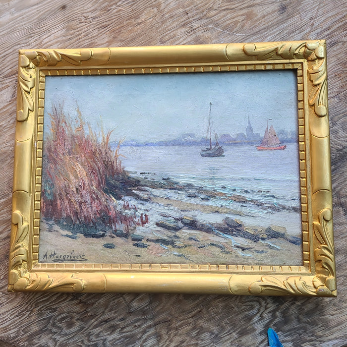 SMALL OIL PAINTING OF HARBOR SHIPS