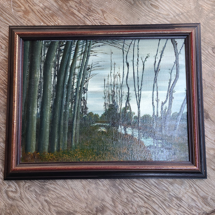 SMALL OIL PAINTING OF TREES AT DUSK