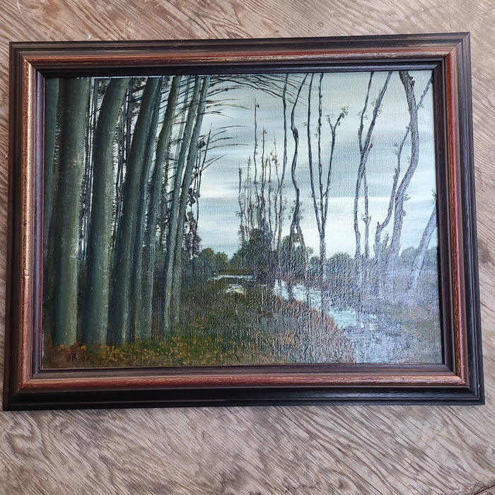 SMALL OIL PAINTING OF TREES AT DUSK