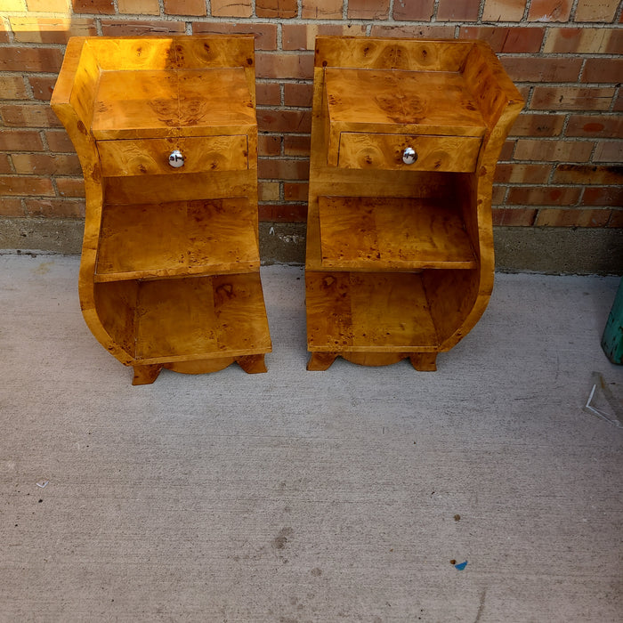 PAIR OF BURLED S SHAPED DECO SIDE TABLES