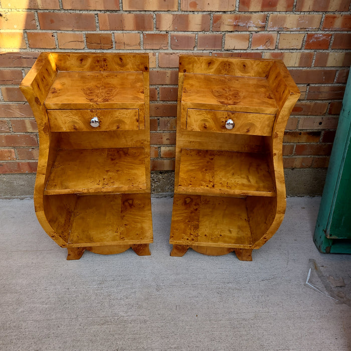 PAIR OF BURLED S SHAPED DECO SIDE TABLES