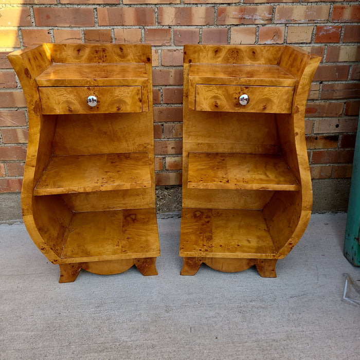 PAIR OF BURLED S SHAPED DECO SIDE TABLES