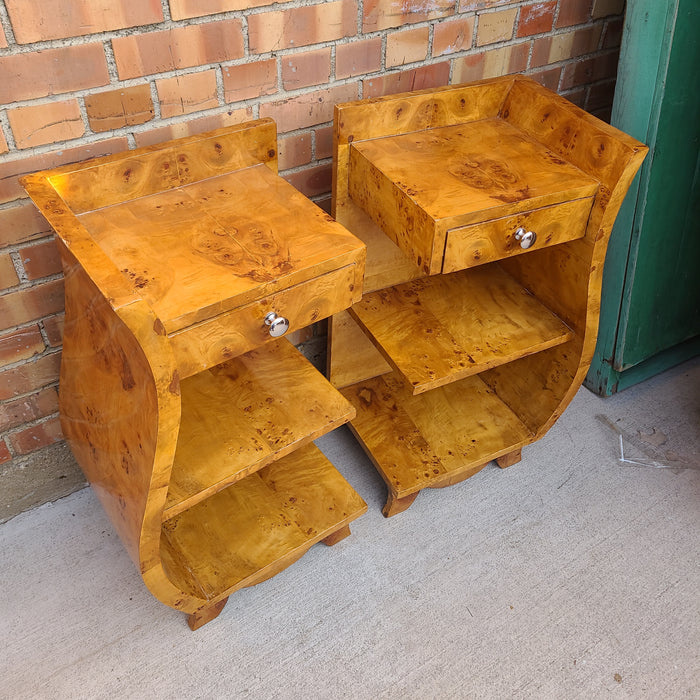 PAIR OF BURLED S SHAPED DECO SIDE TABLES