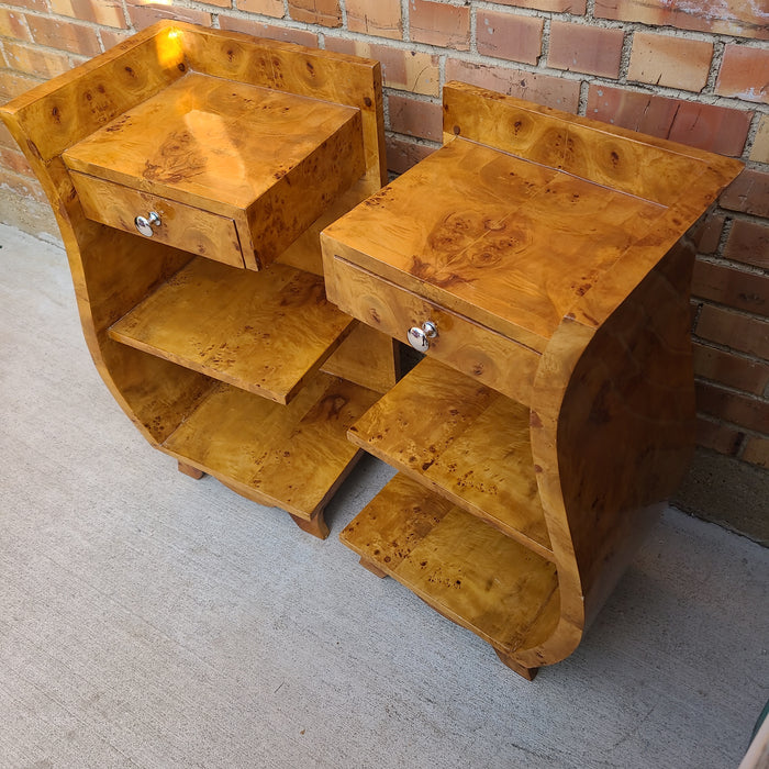 PAIR OF BURLED S SHAPED DECO SIDE TABLES