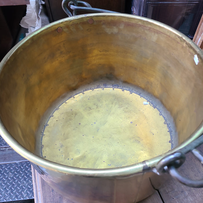LARGE BRASS POT WITH IRON HANDLE