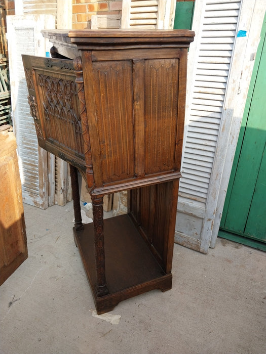NEO GOTHIC LINEN FOLD AND TRACERY CARVED CABINET