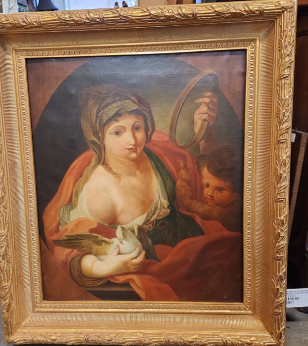 UNFRAMED 19TH CENTURY OIL PAINTING ON CANVAS OF LADY WITH DOVE