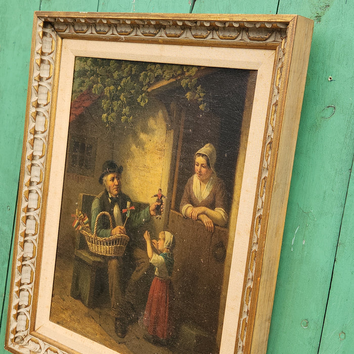 TOY VENDOR WITH CHILD AND WOMAN OIL PAINTING