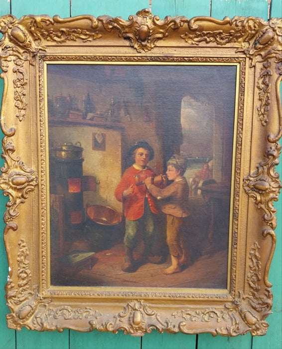 TWO BROTHERS STEALING A SMOKE OIL PAINTING