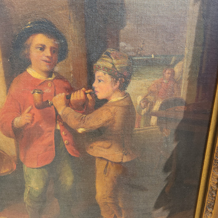 TWO BROTHERS STEALING A SMOKE OIL PAINTING