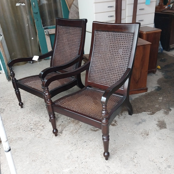 PAIR OF CANED LARGE MAHOGANY ARM CHAIRS - AS FOUND