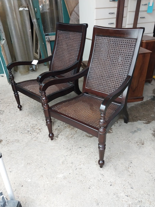PAIR OF CANED LARGE MAHOGANY ARM CHAIRS - AS FOUND
