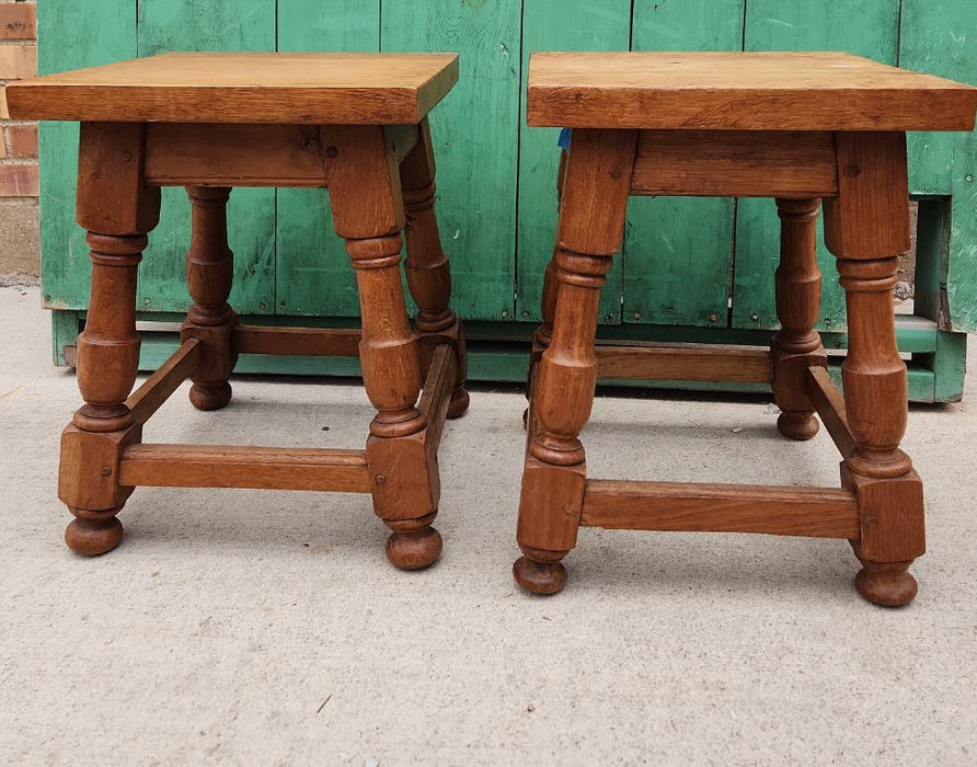 PAIR OF CANTED LEG , TURNED TABORETS WITH PEGGED , MORTISE AND TENON CONSTRUCTION