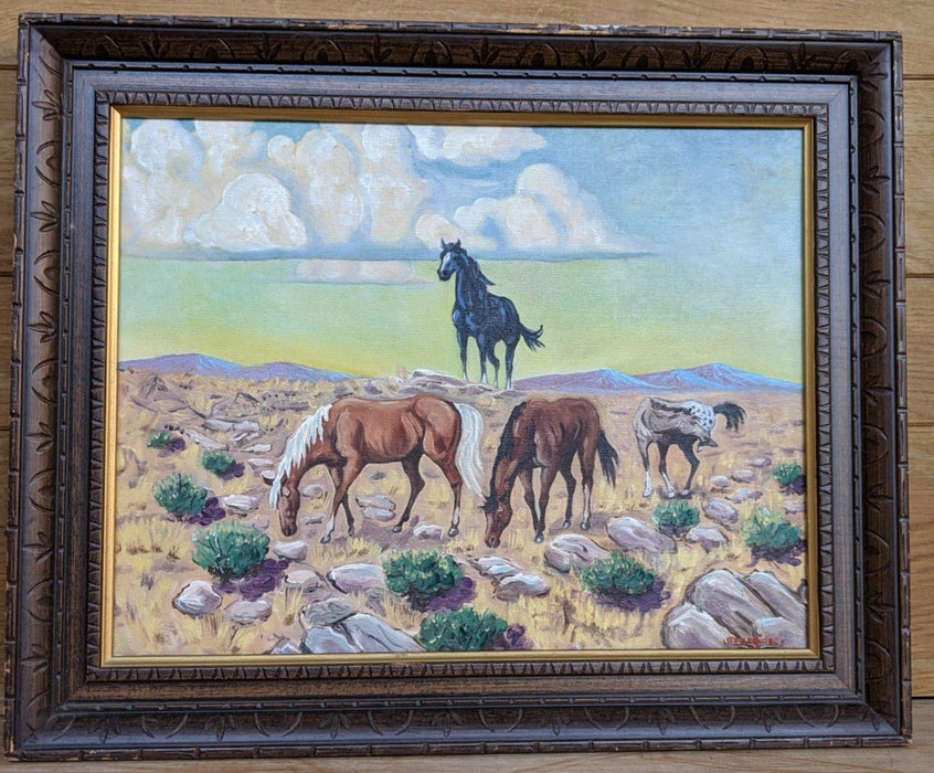 WESTERN OIL PAINTING OF HORSES AND WILD STALLION
