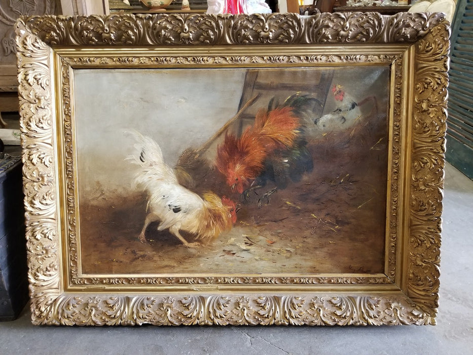 LARGE GILT FRAMED ROOSTERS OIL PAINTING ON CANVAS