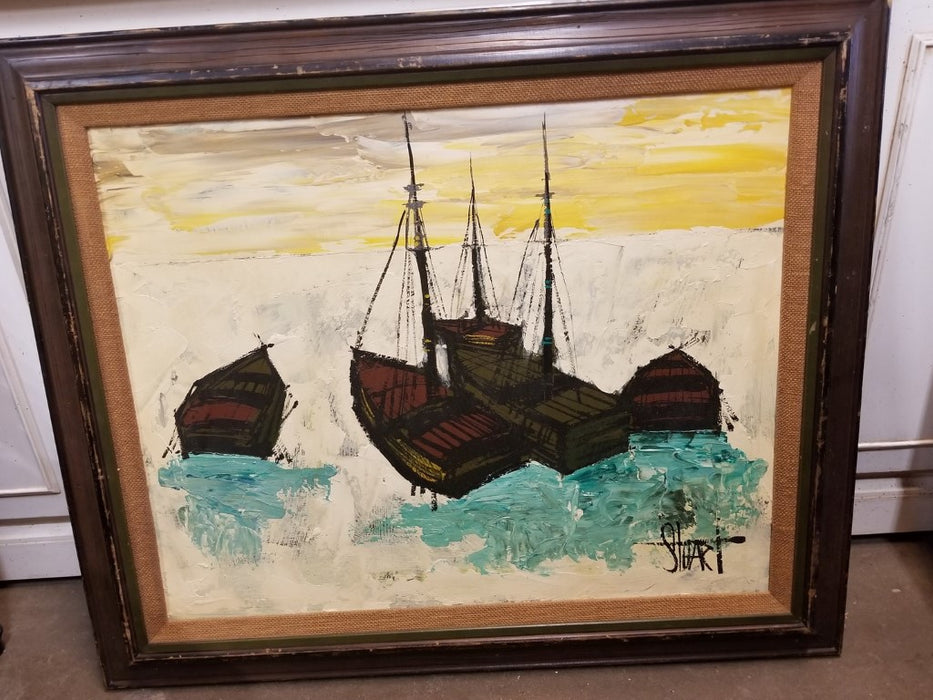 ABSTRACT SHIPS OIL PAINTING WITH GREEN AND YELLOW