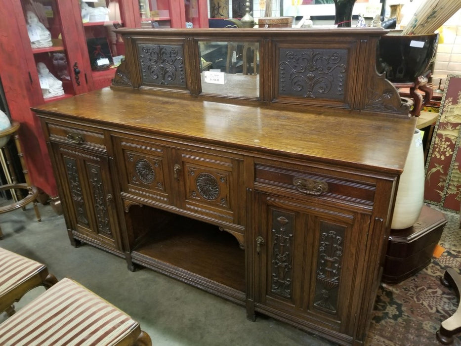 ENGLISH EDWARDIAN CARVED OAK SIDEBOARD WITH MIRROR
