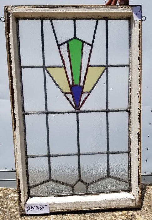 VERTICAL ENGLISH DECO BLUE,GOLD, & GREEN STAINED GLASS WINDOW