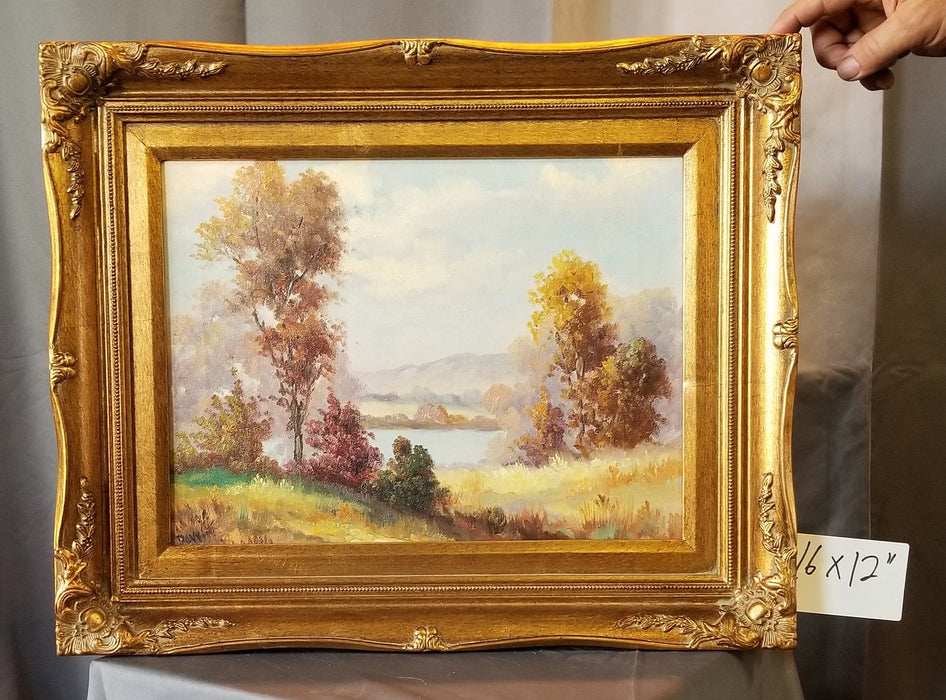 SMALL GOLD FRAMED LANDSCAPE OIL PAINTING OF LAKE BY DWITTE
