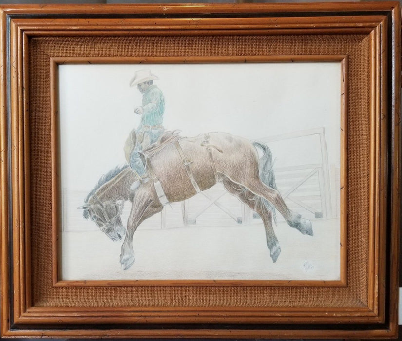 PENCIL DRAWING OF BUCKING BRONCO BY FLOYD STUBS