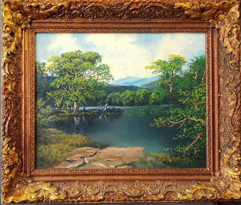 LANDSCAPE OIL PAINTING OF LAKE AND TREES IN NICE FRAME